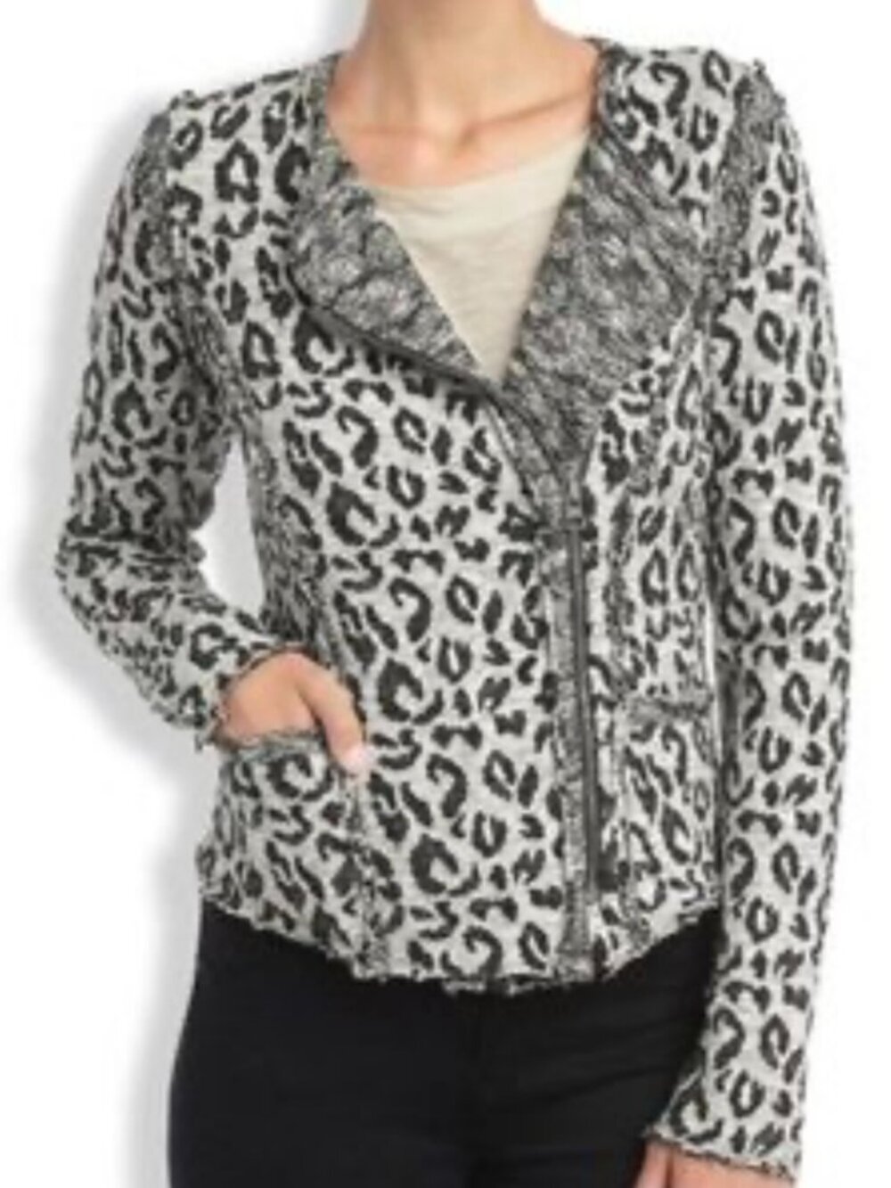 Lucky Brand Snow Leopard Print Moto Jacket has Side Pockets Zip Closure Size L